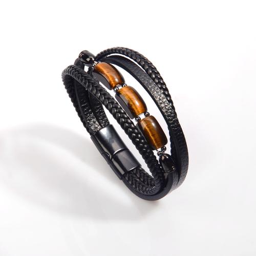 PU Leather Cord Bracelets, 304 Stainless Steel, with PU Leather & Tiger Eye, vintage & different size for choice & for man, black, Sold By PC