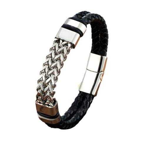 PU Leather Cord Bracelets, 304 Stainless Steel, with PU Leather, vintage & for man, more colors for choice, Length:Approx 16 cm, Sold By PC