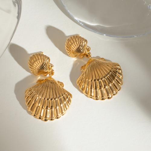 Stainless Steel Drop Earring, 304 Stainless Steel, Shell, gold color plated, for woman, 37x22.60mm, Sold By Pair