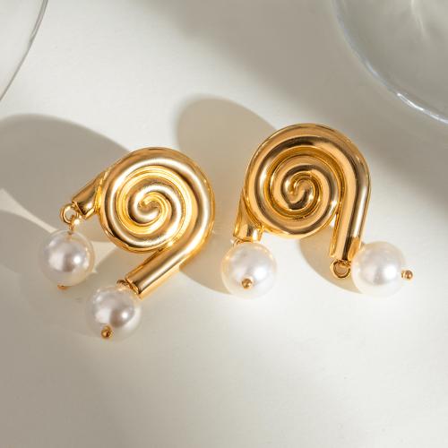 Stainless Steel Drop Earring, 304 Stainless Steel, with Plastic Pearl, gold color plated, for woman, Sold By Pair