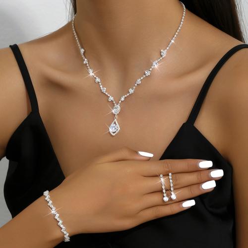 Brass Jewelry Set, bracelet & earring & necklace, silver color plated, for bridal & different styles for choice & with rhinestone, more colors for choice, nickel, lead & cadmium free, Sold By Set