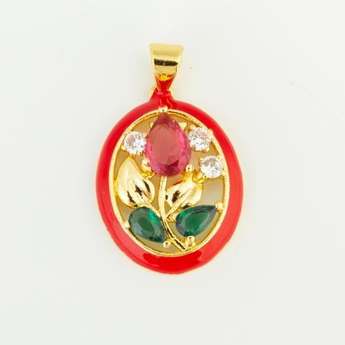 Cubique Pendentif en laiton zircon pavent, Placage de couleur d'or, DIY & pavé de micro zircon & émail, rouge, protéger l'environnement, sans nickel, plomb et cadmium, 22x16x4mm, Vendu par PC