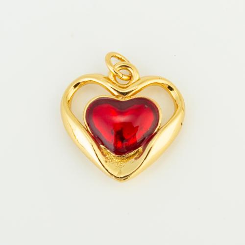 Brass Heart Pendants, with Glass Rhinestone, gold color plated, DIY, red, nickel, lead & cadmium free, 17x17x4mm, Sold By PC