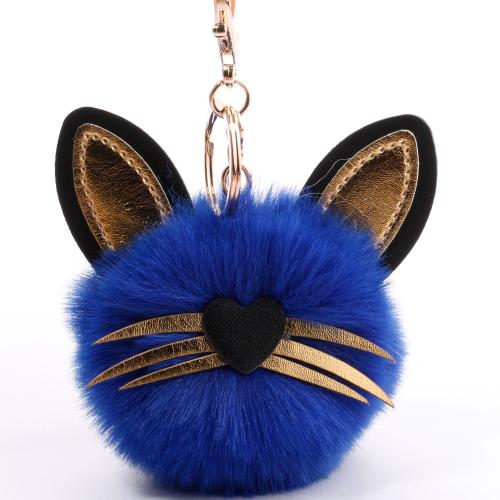 Artificial fur Key Clasp, with PU Leather & Tibetan Style, Cat, portable & Unisex, more colors for choice, 80mm, Sold By PC