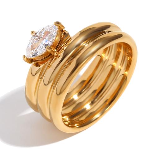 Anillo de dedo acero inoxidable del Rhinestone, acero inoxidable 304, 18K chapado en oro, Joyería & diverso tamaño para la opción & para mujer & con diamantes de imitación, dorado, Vendido por UD