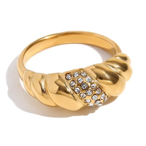 Anillo de dedo acero inoxidable del Rhinestone, acero inoxidable 304, 18K chapado en oro, Joyería & diverso tamaño para la opción & para mujer & con diamantes de imitación, dorado, Vendido por UD