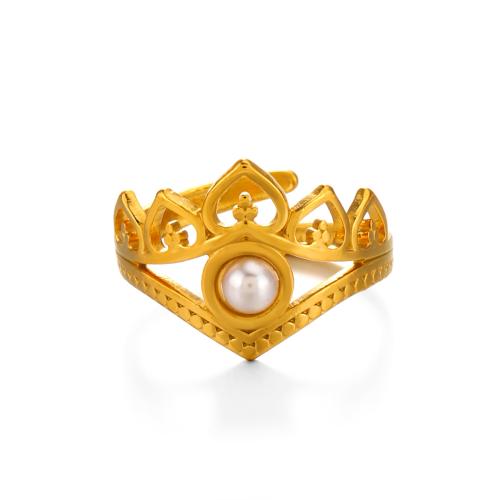 Anillo de dedo de acero inoxidable, acero inoxidable 304, con Perlas plásticas, Joyería & para mujer & hueco, dorado, Vendido por UD