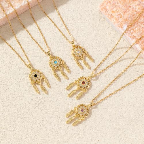 Brass Dream Catcher Necklace, with 6cm extender chain, fashion jewelry & for woman & with rhinestone, more colors for choice, 32x15mm, Length:Approx 40 cm, Sold By PC