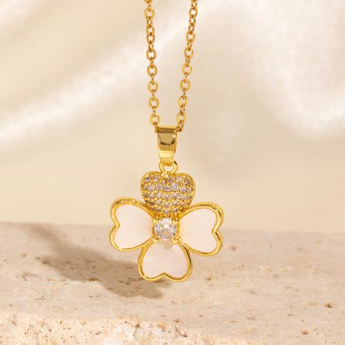 Cubic Zircon Micro Pave Brass Necklace, with Acrylic, with 6cm extender chain, Four Leaf Clover, fashion jewelry & micro pave cubic zirconia & for woman, more colors for choice, 24x17mm, Length:Approx 40 cm, Sold By PC