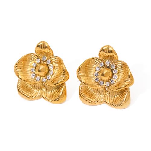 Boucle d'oreille de gaujon en acier inoxydable, Acier inoxydable 304, fleur, Plaqué or 18K, bijoux de mode & pavé de micro zircon & pour femme, doré, 24x25mm, Vendu par paire