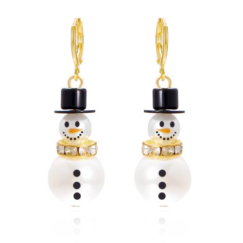 Christmas Earrings Plastic Pearl with Zinc Alloy Snowman gold color plated Christmas Design & fashion jewelry & for woman & with rhinestone Sold By Pair