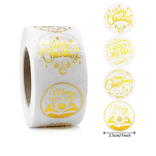 Kerstdecoratie, Lijm+Sticker, met Koperen Printing Paper, Kerstontwerp & gemengde patroon & DIY, gouden, 25mm, 500pC's/spool, Verkocht door spool