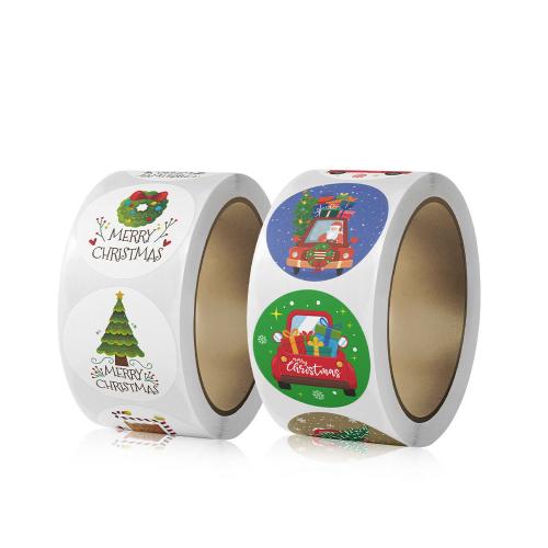 Christmas Decoration, Adhesive Sticker, with Copper Printing Paper, Christmas Design & mixed pattern & DIY, more colors for choice, 25mm, 500PCs/Spool, Sold By Spool