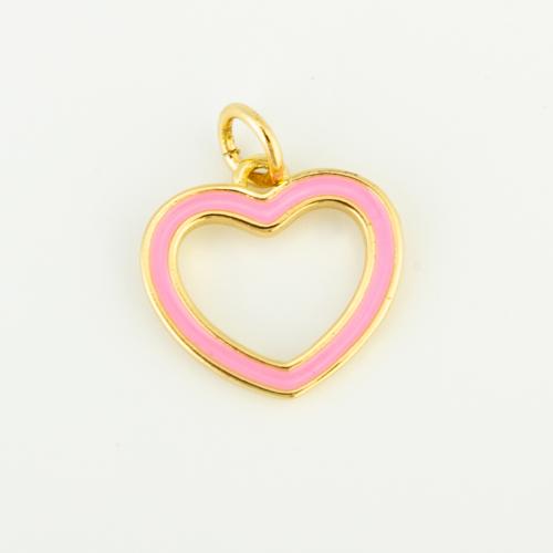 Pendentifs coeur en laiton, Placage de couleur d'or, DIY & émail, rose, protéger l'environnement, sans nickel, plomb et cadmium, 14x14x1mm, Vendu par sol