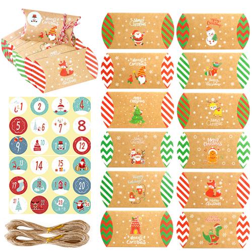 Kraft Caixa de presente em embalagem, with Cânhamo, Impressão, Design de Natal & padrão misto & Vario tipos a sua escolha, 24PCs/Bag, vendido por Bag