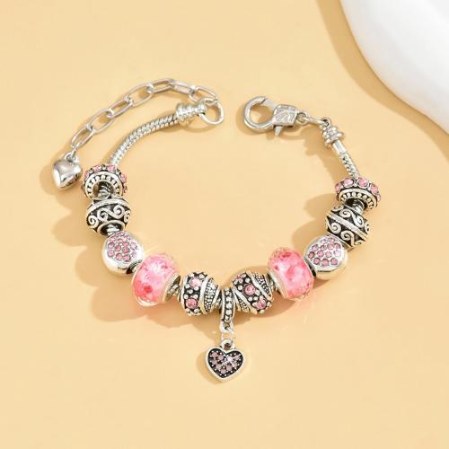 European Armbånd, Zinc Alloy, med Lampwork, med 1.57 Inch extender kæde, forgyldt, mode smykker & for kvinde & med rhinestone, lyserød, Længde 7.57 inch, Solgt af PC