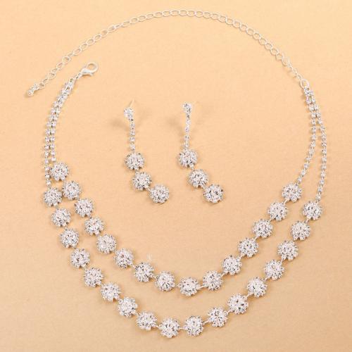 Zinc Alloy Jewelry Sets Stud Earring & necklace plated 2 pieces & Double Layer & for woman & with rhinestone silver color Sold By Set