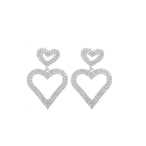 Boucle d'oreille dormeuse en alliage de zinc, coeur, pour femme & avec strass & creux, argent, Vendu par paire