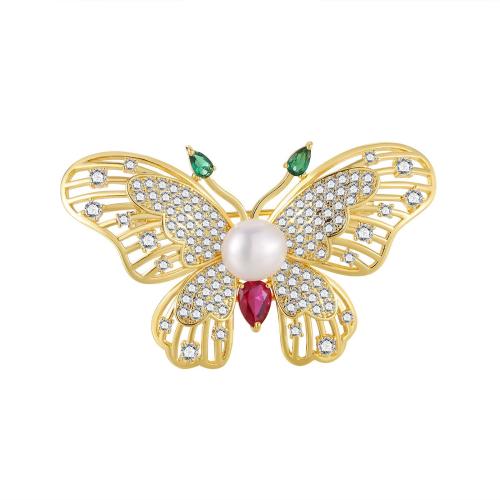 Fashion Brooch Jewelry Brass with Plastic Pearl Butterfly plated micro pave cubic zirconia & for woman Sold By Pair