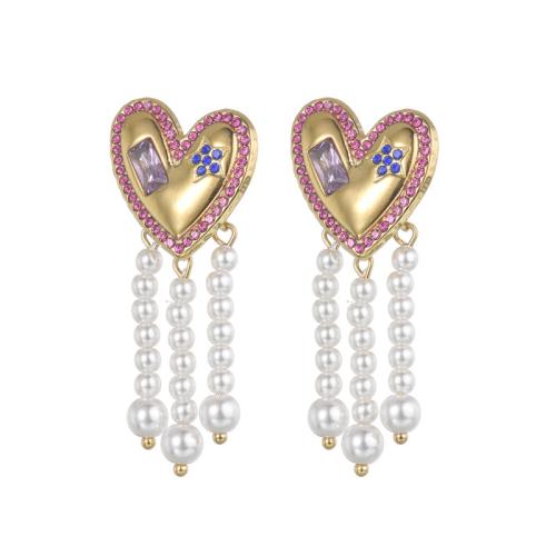 Pendientes de Acero Inoxidable, acero inoxidable 304, con Perlas plásticas, chapado, micro arcilla de zirconia cúbica & para mujer, dorado, Vendido por Par