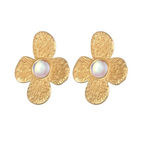 Stainless Steel Stud Earrings, 304 Stainless Steel, with Glass, petals, plated, for woman, gold, Sold By Pair