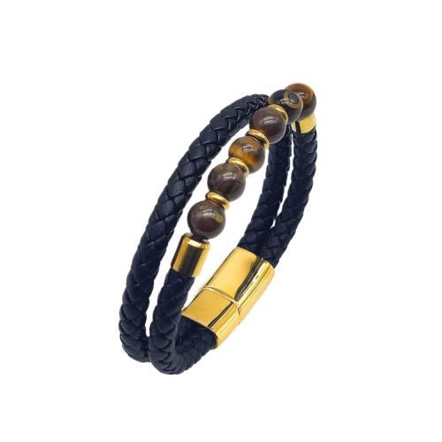 Bracelets cordon PU, Acier inoxydable 304, avec cuir PU & lave volcanique & oeil de tigre, Vintage & différents matériaux pour le choix & pour homme, noire, Longueur:Environ 21 cm, Vendu par PC