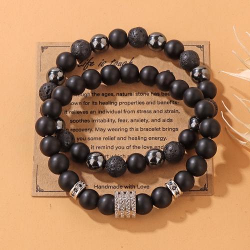 Gemstone Bracelets, Tibetan Style, with Lava & Hematite, handmade, 2 pieces & different styles for choice & micro pave cubic zirconia & for man, black, Sold By Set