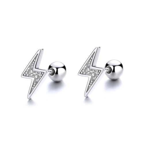 925 Sterling Silver Stud Earring, Lightning Symbol, for woman & with rhinestone, more colors for choice, 6.10mm, Sold By Pair