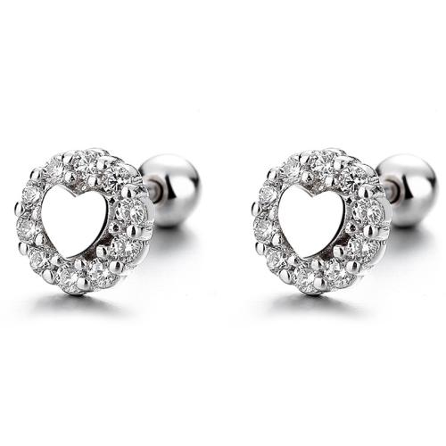 925 Sterling Silver Stud Earring, Heart, micro pave cubic zirconia & for woman, more colors for choice, 5.90mm, Sold By Pair