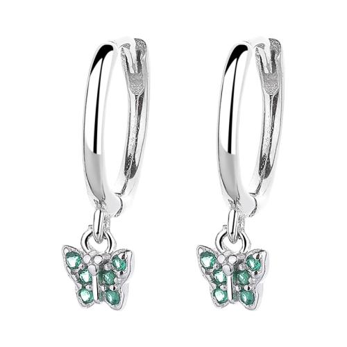 925 Sterling Silver Huggie Hoop Drop Earring, with turquoise, Butterfly, micro pave cubic zirconia & for woman, more colors for choice, 16mm, Sold By Pair