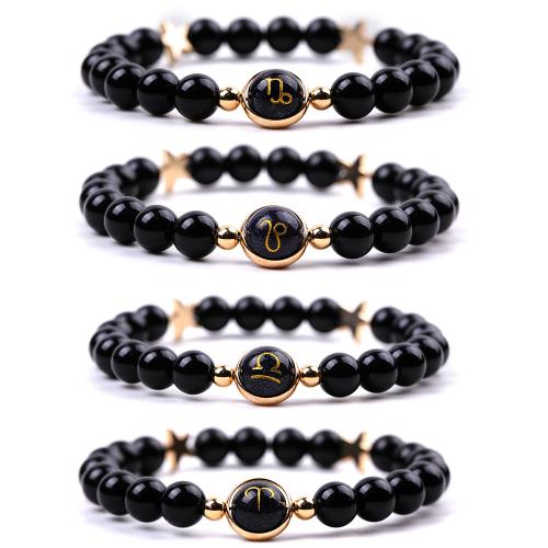 Black Stone Bracelet, with Blue Goldstone & Tibetan Style, 12 Signs of the Zodiac, Unisex & different styles for choice, Length:Approx 7.3-7.5 Inch, Sold By PC