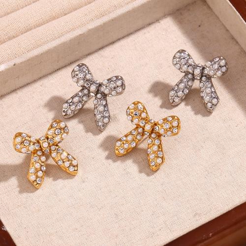 Stainless Steel Stud Earrings, 304 Stainless Steel, with Plastic Pearl, Bowknot, fashion jewelry & micro pave cubic zirconia & for woman, more colors for choice, 29x28.90mm, Sold By Pair