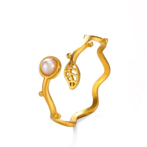 Stainless Steel Finger Ring, 304 Stainless Steel, with Plastic Pearl, fashion jewelry & for woman, golden, Sold By PC