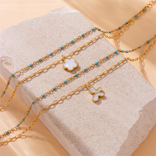 Stainless Steel Anklet, 304 Stainless Steel, with Shell, with 5.5cm extender chain, Double Layer & different styles for choice & for woman & enamel, golden, Sold Per Approx 21 cm Strand