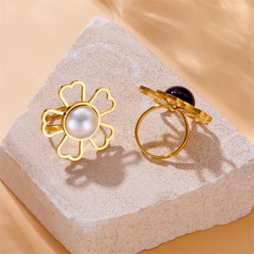 Stainless Steel Finger Ring, 304 Stainless Steel, with Plastic Pearl, Flower, fashion jewelry & for woman, more colors for choice, Sold By PC