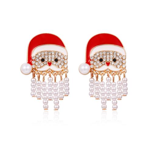 Boucles d'oreilles de Noël, alliage de zinc, avec perle de plastique, le père noël, Placage de couleur d'or, Conception de Noël & bijoux de mode & pour femme & émail & avec strass, protéger l'environnement, sans nickel, plomb et cadmium, Vendu par paire