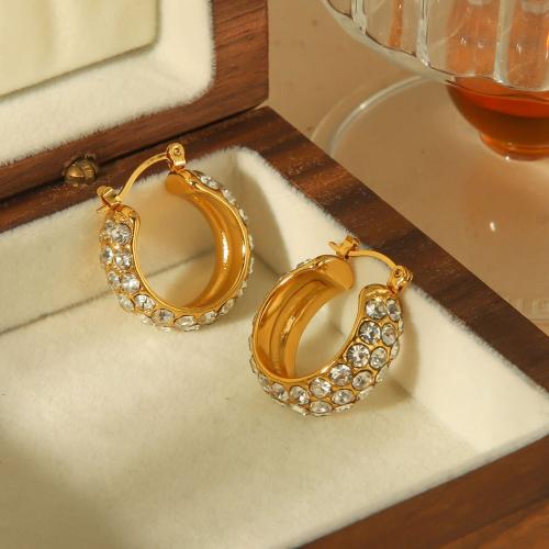 Titanium Steel  Earring gold color plated fashion jewelry & with rhinestone golden Sold By Pair