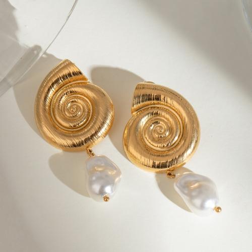 Stainless Steel Drop Earring, 304 Stainless Steel, with Plastic Pearl, gold color plated, fashion jewelry, golden, 24.30x53mm, Sold By Pair