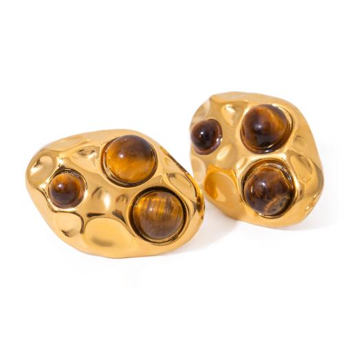 Stainless Steel Stud Øreringe, 304 rustfrit stål, med Tiger Eye, guldfarve belagt, mode smykker, gylden, 22.40x15.80mm, Solgt af par