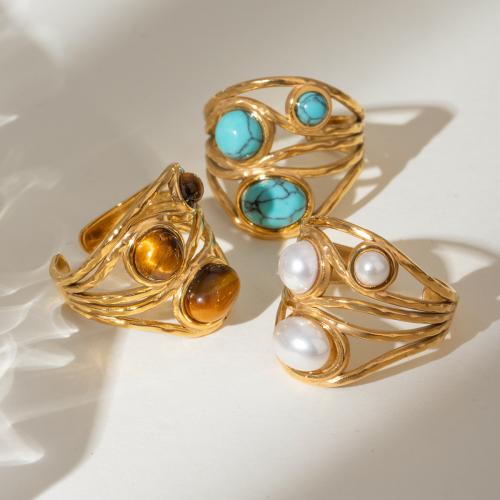 Vinger Ring in edelstaal, 304 roestvrij staal, met Natuursteen & Plastic Pearl, gold plated, mode sieraden, gouden, Verkocht door PC