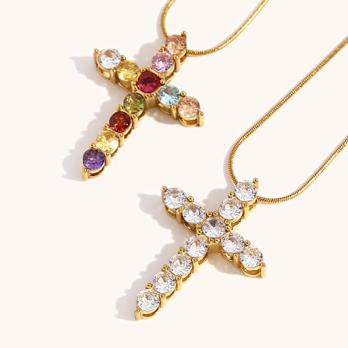 Stainless Steel Jewelry Necklace, 304 Stainless Steel, with 5cm extender chain, Cross, 18K gold plated, fashion jewelry & for woman & with rhinestone, more colors for choice, Length:40 cm, Sold By PC