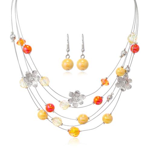 Ensemble de bijoux acrylique, boucle d'oreille & collier, avec fil de queue de tigre & alliage de zinc, fait à la main, 2 pièces & Double couche & pour femme, plus de couleurs à choisir, Vendu par fixé