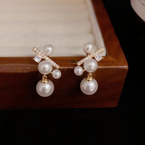 Ciúbach Zirconia Micrimhilseogra réiteodh Earring Prás, le Pearl Plaisteacha, óir fíor plated, micrea réiteach zirconia ciúbach & do bhean, óir, 21x13mm, Díolta De réir Péire