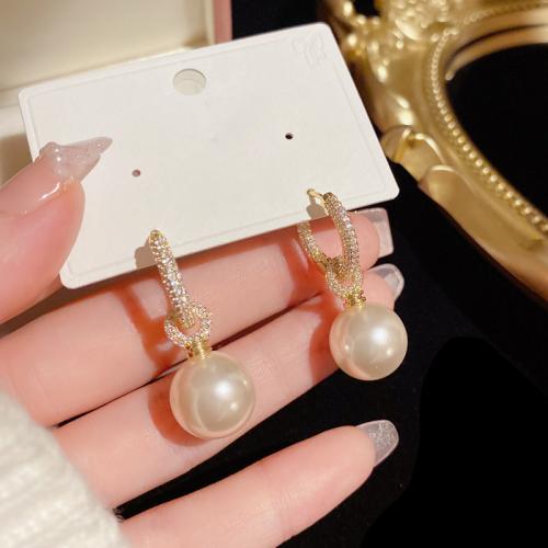 Cubic Zirconia Micro Pave Brass Earring with Plastic Pearl real gold plated micro pave cubic zirconia & for woman gold Sold By Pair