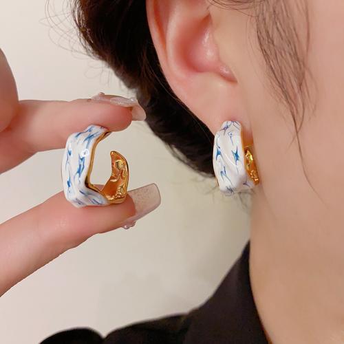 Brass Stud Earring, real gold plated, for woman & enamel, gold, 25x10mm, Sold By Pair