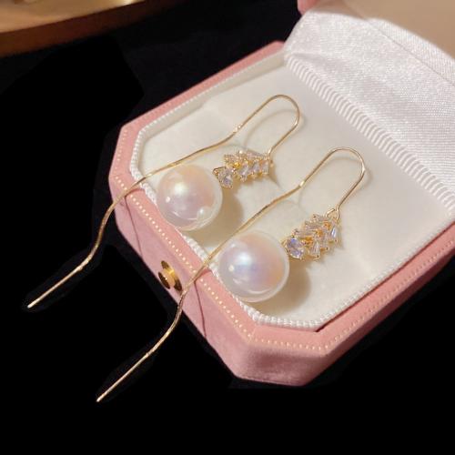 Cubic Zirconia Micro Pave Brass Earring, with Plastic Pearl, real gold plated, micro pave cubic zirconia & for woman, gold, 73x11mm, Sold By Pair