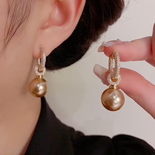 Cubic Zirconia Micro Pave Brass Earring, with Plastic Pearl, real gold plated, micro pave cubic zirconia & for woman, golden, 36x14mm, Sold By Pair