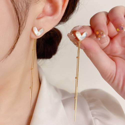 Brass Drop Earring, with Shell, Heart, real gold plated, for woman, gold, 84x4mm, Sold By Pair