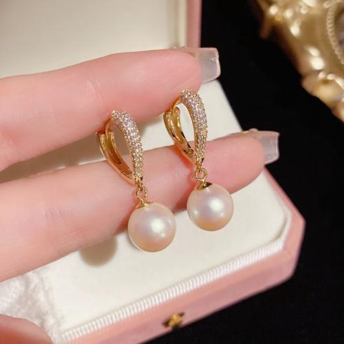 Cubic Zirconia Micro Pave Brass Earring, with Plastic Pearl, real gold plated, micro pave cubic zirconia & for woman, gold, 29x10mm, Sold By Pair