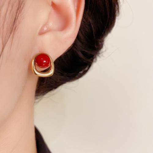 Brass Stud Earring, with Plastic Pearl, real gold plated, for woman, gold, 14x12mm, Sold By Pair